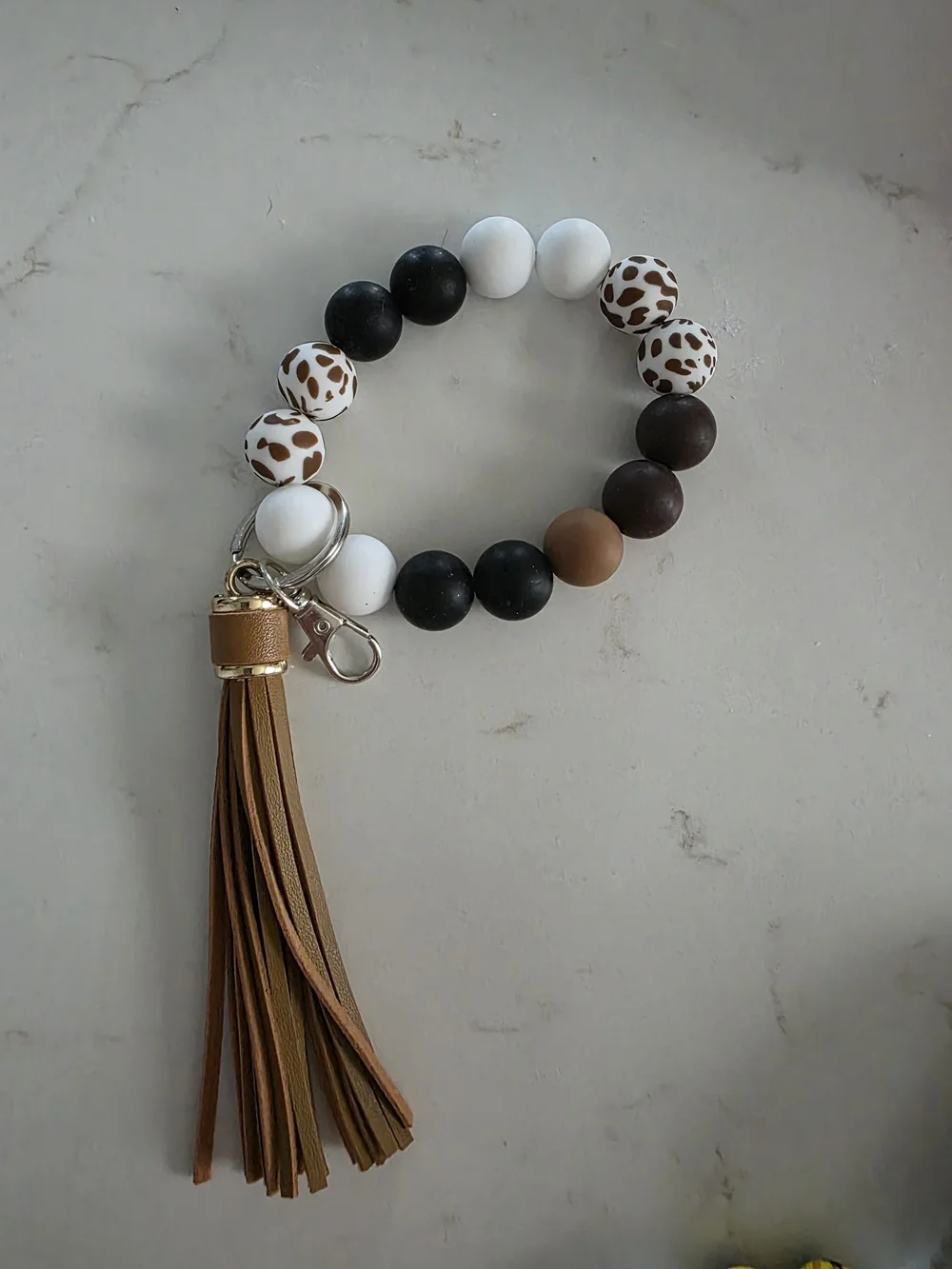 Beaded Tassel Wristlet Keychain Bracelet - Brown White Black